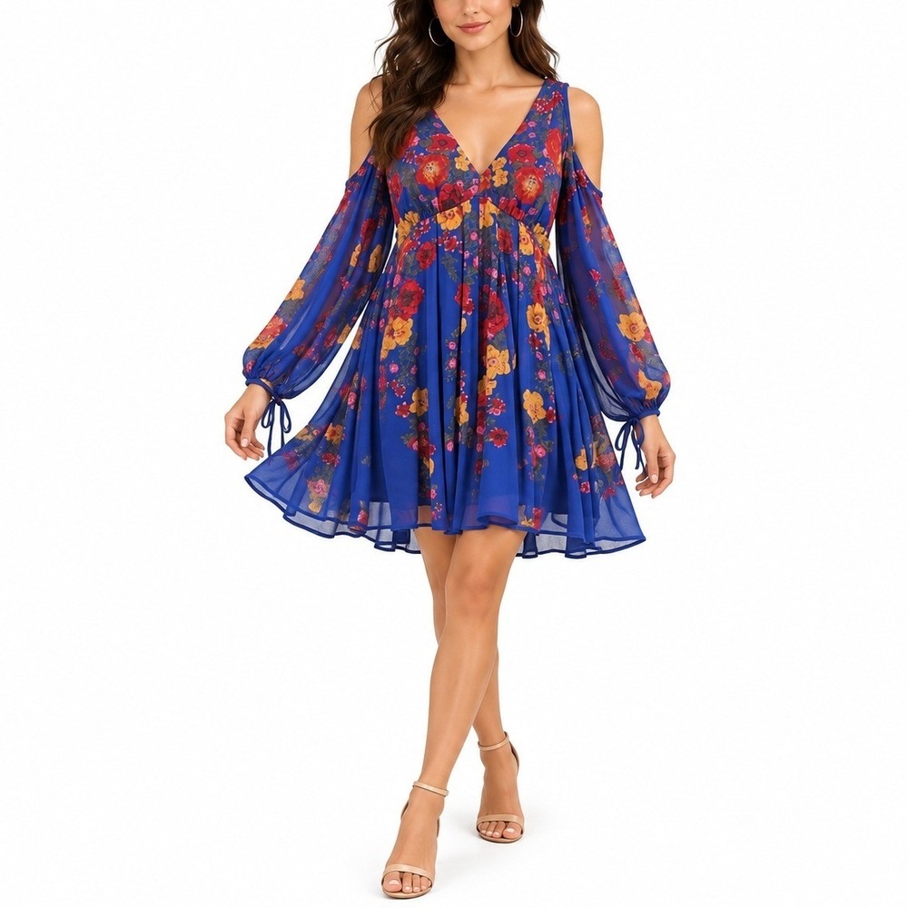 Free People Penny Lover Mini Dress Cobalt Blue Floral Cold Shoulder‎ Boho XS